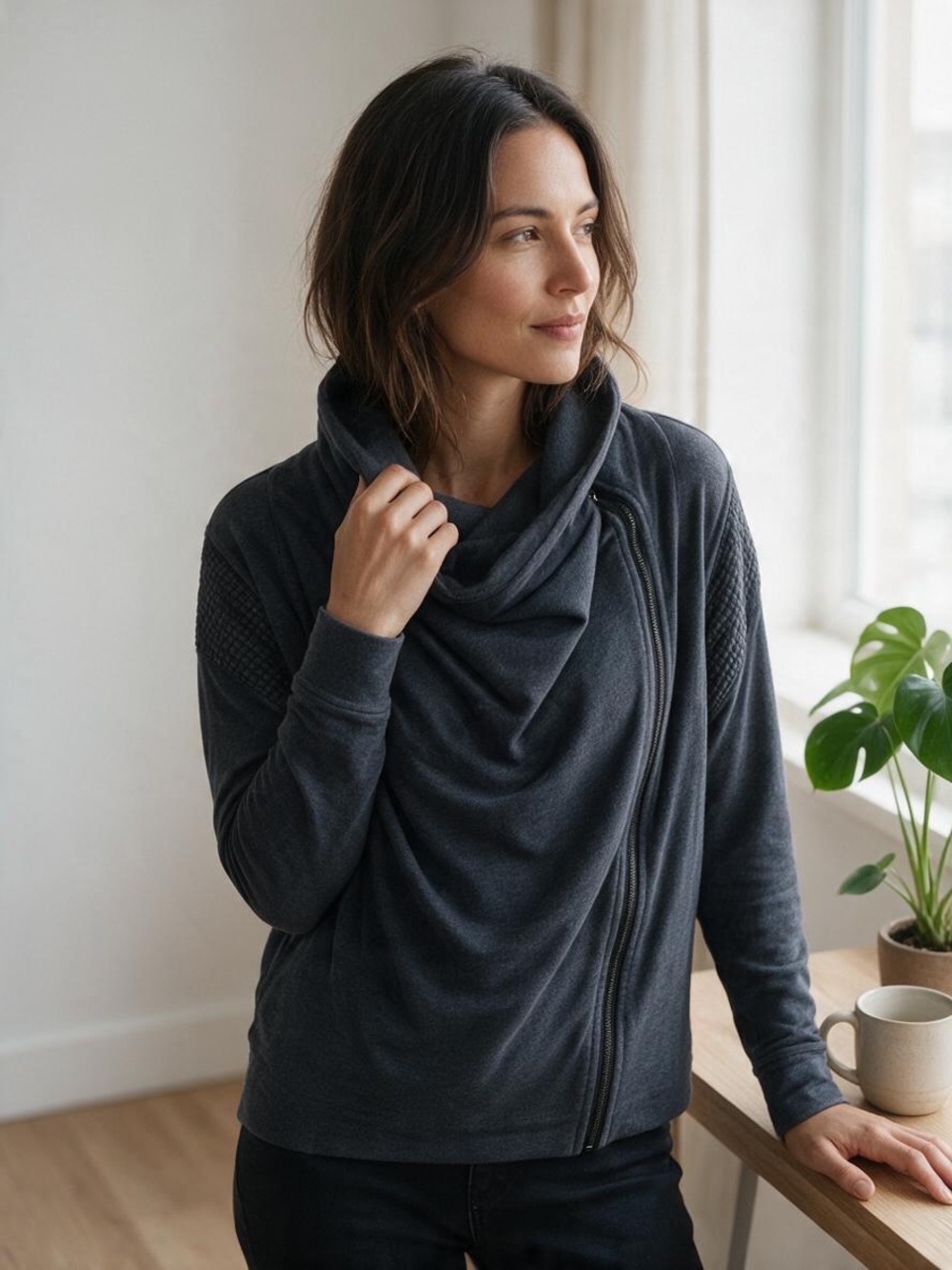 Lululemon Sway cowl neck charcoal asymmetrical zip front yoga jacket size 10